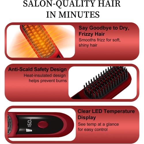 Go Brush Pro for Short Hair 2026, Portable Straightener Brushs for Travel, with LCD Temperature Display, Fast Heating Cordless Mini Hair Brushs (Red)