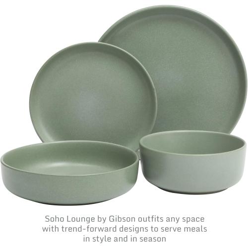 (SET INCOMPLETE) (12) Gibson Elite Pasco 16 Piece (Service for 4) Plates and Bowls Double Bowl Reactive Glaze Dishes Stoneware Ceramic Dinnerware Set - Green