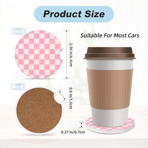 Pink Checkered Car Coasters for Cup Holders,2 Pack Car Cup Holder Coasters for Car,Ceramic Absorbent Car Coaster with A Finger Notch and Cork Base,Car Interior Accessories for Women Men