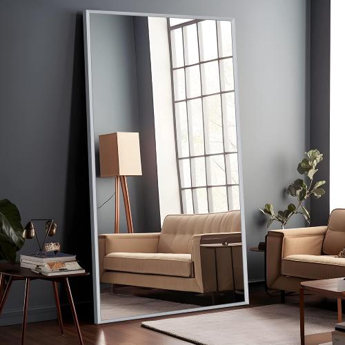 NeuType Full Length Mirror 51x32 Large Bedroom Floor Mirror, Aluminum Alloy Frame, Wall-Mounted or Leaning, for Living Room, Silver