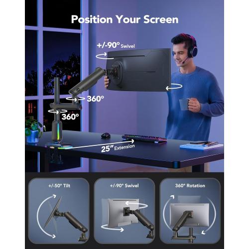 HUANUO RGB Heavy Duty Monitor Arm for Ultrawide Screens up to 57, Holds 44 lbs, Tall Ultrawide Monitor Stand with 29.1 Max Height, Fully Adjustable Single Computer Desk Mount, Max VESA 100x100mm