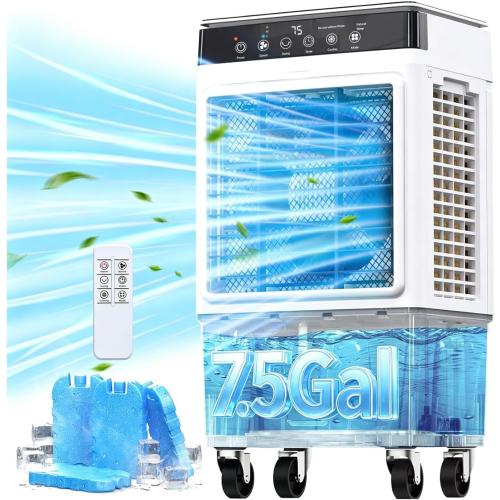 Portable Swamp Cooler Air Conditioner, 4-in-1 Evaporative Air Cooler with 7.5-Gal Tank for 30H Cooling, Dry-Burn Protection, Remote, 12H Timer, 4 Ice Packs, 120° Oscillation for Home Office Garage
