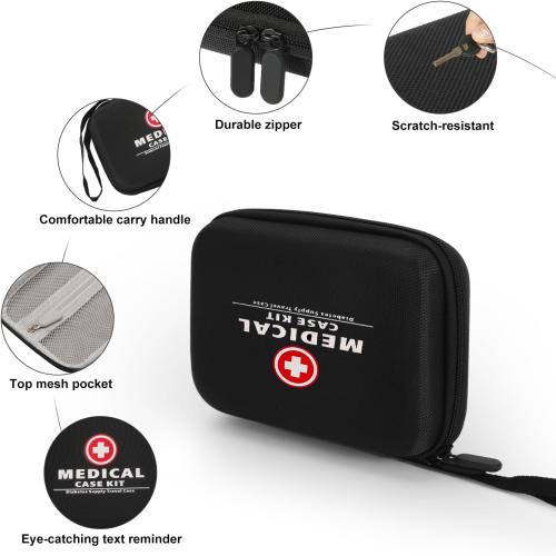 Hard Diabetes Travel Case for Accu-Chek/One Touch, Glucose Monitor Case for CareSens N for Glucose Meter, Insulin Pen, Blood Sugar Test Strips, Syringe, Needles and More Kits (Black)