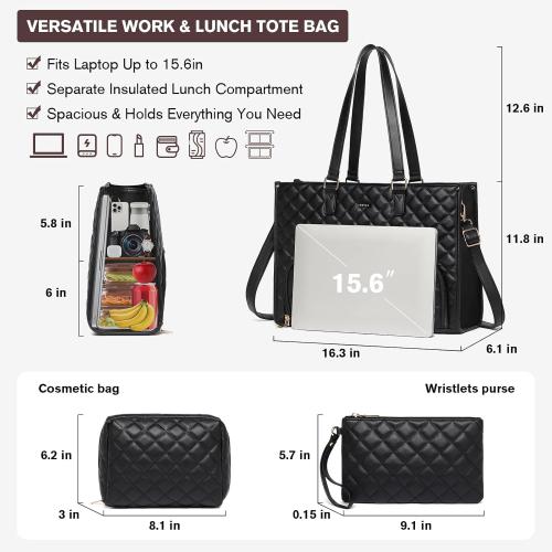 Keyli 3PCS Sets Lunch Tote bag for Women,15.6 Inch Laptop Work Bag with Insulated Lunch Box Compartment Computer Handbag