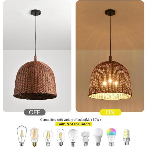 3-Light Dark Curry Rattan Pendant Light,17.7 Rustic Hanging Light,Brown Wicker Pendant Light Hand-Woven Rattan Chandelier for Workplace Restaurants Dining Living Kitchen Farmhouse