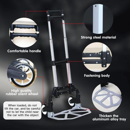 Folding Hand Truck Dolly Cart，Aluminum Portable Hand Cart for Daily handling Work，180lbs, with Silent Wheel，Telescoping Handle，Black Bungee Cord, Can Stand Alone，Light Weight