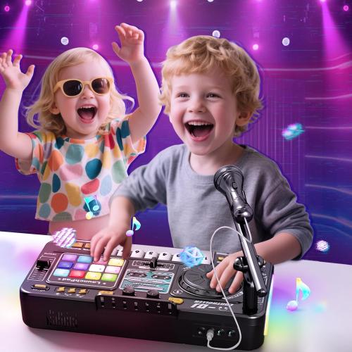 Kids DJ Mixer Controller Table Musical Toy Electronic Toy with LED Lights Sound Effect Microphone Piano DJ Board Key Musical Instruments Birthday Gift Toys for 3 4 5 6 7 Year Old Boy Girl