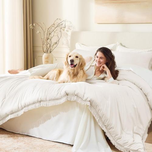 Andency Comforter Set Oversized King Beige 120x120, 3 Pieces Boho Fall Tassel Lightweight Bedding Comforter Sets, All Season Soft Bed Set (1 Comforter & 2 Pillowcases)