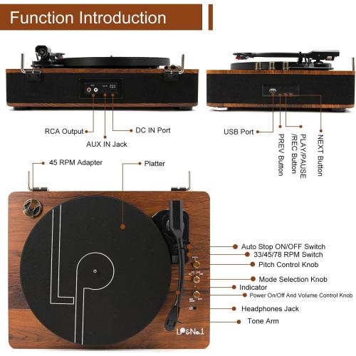LP&NO.1 Record Player Turntable with Built-in Speakers and USB Play&Recording Belt-Driven Vintage Phonograph Record Player 3 Speed for Entertainment and Home Decoration（Mahogany Wood）