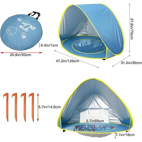 Baby Beach Tent with Pool, Pop Up Sun Shelter for Infant Toddlers, Portable UV Protection Shade with Carry Bag for Outdoor Travel, Camping
