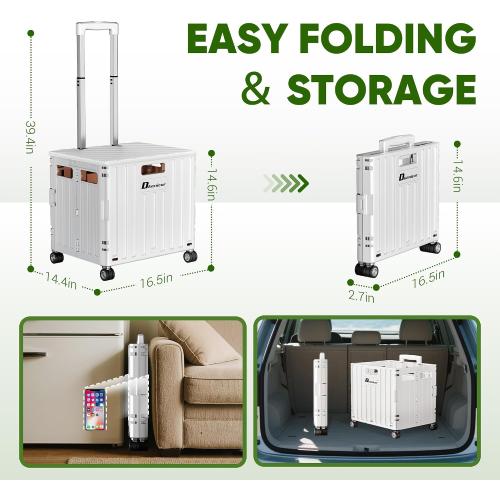 Folding Utility Cart, Portable Rolling Crate Handcart Collapsible Shopping Trolley with Lid, Foldable Tool Box Basket with 4 Rotate Wheels for Grocery, Office, Luggage, School - White