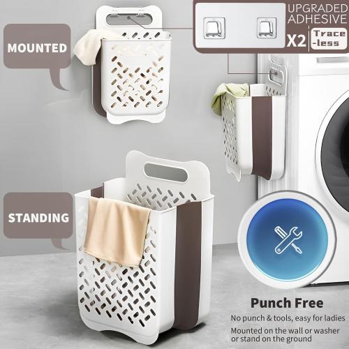 Plastic Collapsible Hanging Laundry Baskets with Carry Handle, Space-Saving Wall Hanging Laundry Basket Durable Tall Folding Plastic Laundry Hamper Waterproof Dirty Clothes Organizer XL L