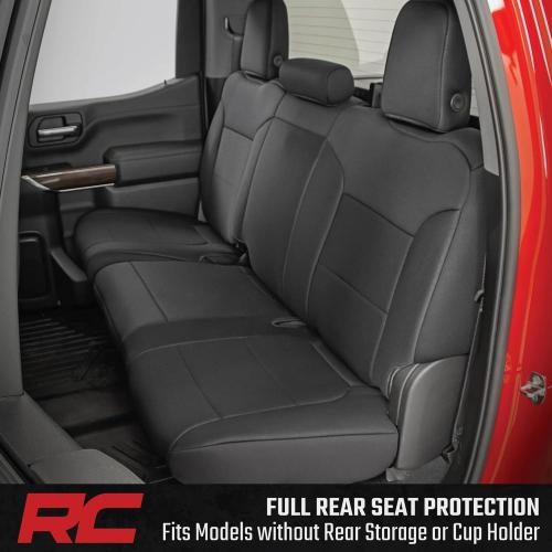Rough Country Neoprene Seat Covers for Chevy Silverado & GMC Sierra 1500 (2019-2026) w/No Rear Seat Storage or Cup Holder - Waterproof & UV Resistant, Foam Padded, Front & Rear Row Cover Set