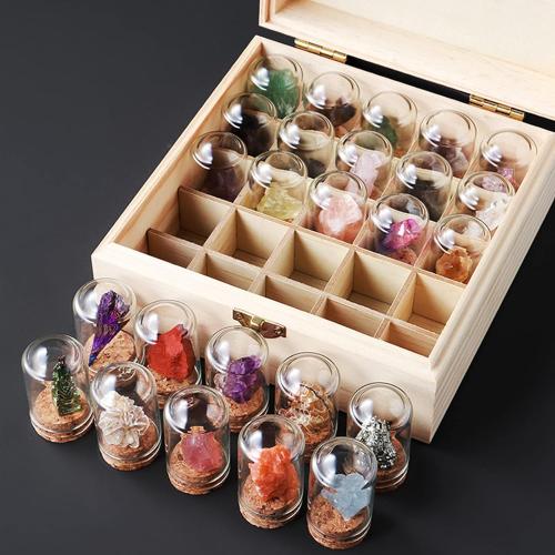 25pcs Bottles Crystals Mineral Specimen Strawberry Crystal Natural Stones Set for Indoor Decoration, Experimental Study, Gift, Collection, Reiki Healing, Witchcraft Supplies (Wooden Box)