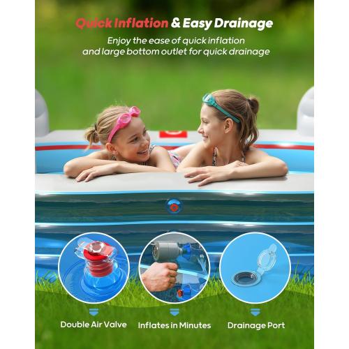 QPAU Inflatable Swimming Pool, Full-Sized Blow Up Pools with Seats and Backrests, Kiddie Pool for Outdoor & Backyard, for Family Summer Time Fun, Jelly Blue