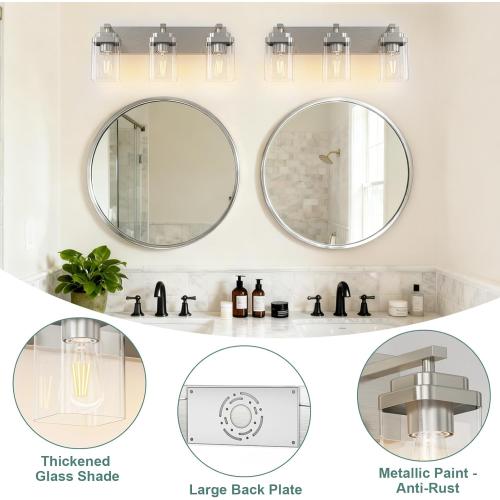 Brushed Nickel Bathroom Light Fixtures, 3 Lights Bathroom Lighting Fixtures Over Mirror, Square Design & Rectangle Large Backplate, Modern Vanity Lighting Fixtures, for Living Room/Bedroom