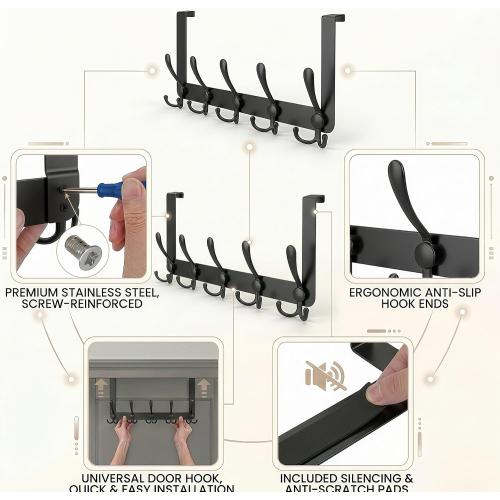 Over The Door Hooks,Coat Rack for Hanging Clothes Hat Towel (Heavy Duty Black 2pcs)