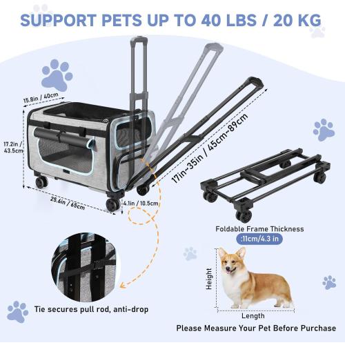 Pet Carrier with Wheels for Cats and Dogs, Pet Bag with Detachable Wheels & Washable Plush Pad, Escape-Proof Zipper & Shoulder Strap, Portable Carrier for Outdoor and Car Travel(Max. 40 lbs)
