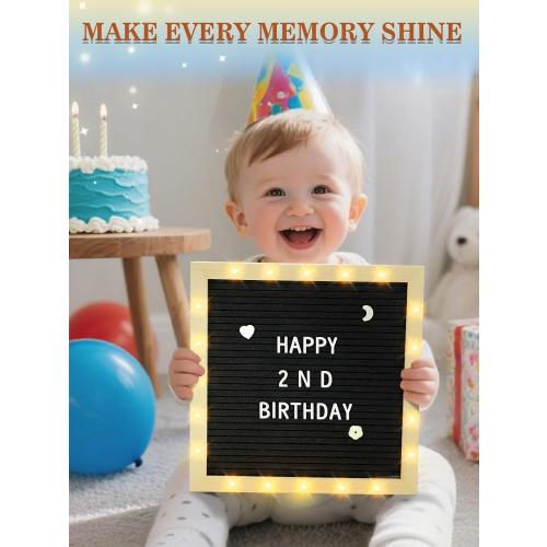 Changeable Felt Letter Board with LED Lights - 10×10 Message Custom Signs & Wood Stand& 450 Letters, Poster Board for Baby/Pregnancy Announcement/Classroom Wall Decor Gifts First Day of School, Black