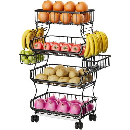 Simple Trending 4 Tier Rolling Cart, Stackable Fruit Vegetable Basket with Wheels and 2 Hanging Basket, Kitchen Storage Metal Wire Basket Stand for Vegetable Snacks, Black