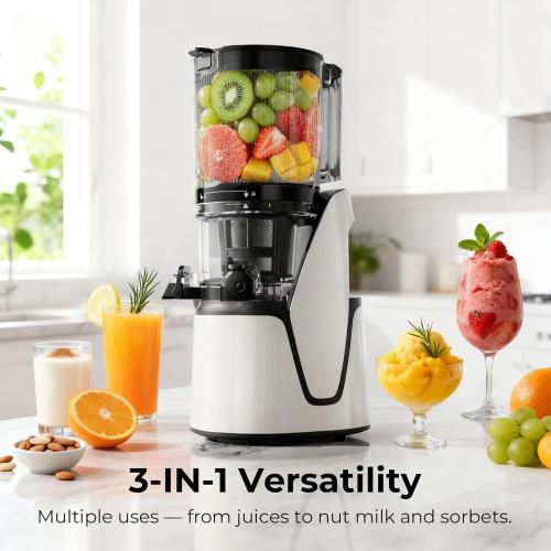 Juicer Machines, 3-in-1 Cold Press Juicer with 6.5 Extra Large Chute, 100oz Large Capacity, AC Motor, Makes Juice, Nut Milk & Sorbet, Bright White