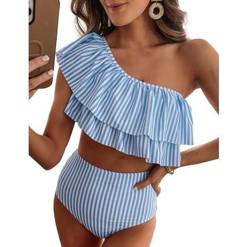 Size XXL VIMPUNEC Ruffle One Shoulder Swimsuits for Women Striped High Waisted Two Piece Bathing Suits