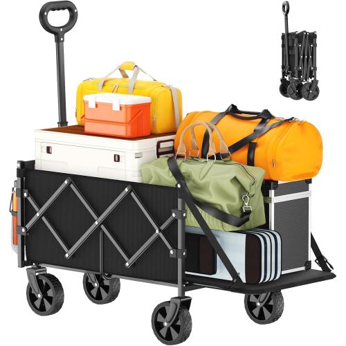 Foldable Wagon with Extended Tailgate: Collapsible Large Capacity Folding Wagon - Heavy Duty Utility Carts for Shopping,Garden,Sports,Groceries,Apartment,Camping,Outdoor - Black