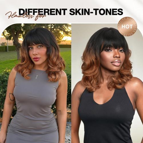WIGER Short Yaki Wigs with Bangs Ombre Brown Natural Curly Bob Wigs for Women Shoulder Length Wavy Synthetic Wigs Wear And Go Wig Glueless Heat Resistant Hair for Daily or Events