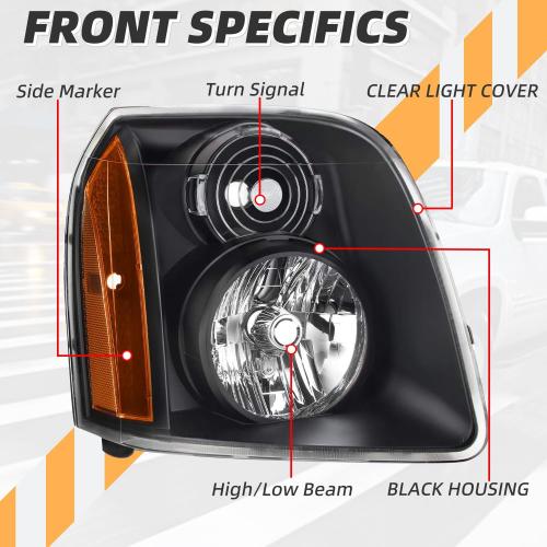 Headlight Assembly Pair Compatible with GMC Yukon/Yukon XL 1500 2500 2007-2014, Factory-Style Head Lamp Replacement 15861026 15861025, Black Housing Amber Side, Left and Right Side