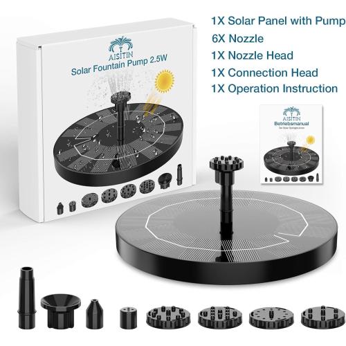 AISITIN Solar Fountain Pump 2.5W, 6.7 Solar Powered Water Fountain Pump for Bird Bath, solar pump for fountain with 6 Nozzles for Garden, Ponds, Pool, Fish Tank, Outdoor and Aquarium