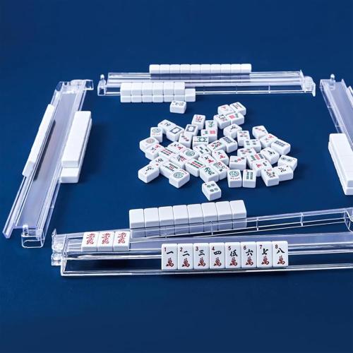 Mahjong All-in-One Tile Rack & Pusher, Clear Acrylic Mahjong Rack and Pusher Combo, Modern American Majiang Tile Racks Set of 4 (Clear)