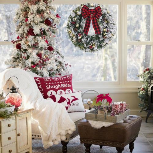 Christmas Wreaths for Front Door, DECSPAS 24 Inch 2 FT Prelit Snowy Flocked Christmas Wreath with Timer 30 LED Lights Bow Red Berries Pine Cone, Xmas Wall Windows Decorations Home Decor Outdoor Indoor