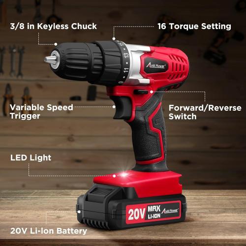 Color red AVID POWER 20V MAX Lithium lon Cordless Drill Set, Power Drill Kit with Battery and Charger, 3/8-Inch Keyless Chuck, Variable Speed, 16 Position and 22pcs Drill Bits (Red)