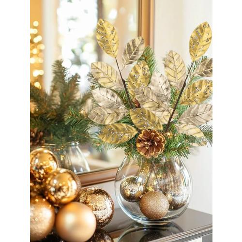 Hollyone 23.6” Christmas Tree Picks and Sprays 3Pcs Champagne Artificial Magnolia Stems Magnolia Leaves Branches Fake Gold Leaf Floral for Vase DIY Xmas Tree Garland Wreath Centerpieces Wedding Decor