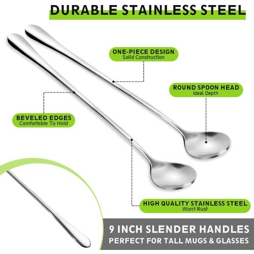 9 Ice Cream Spoons Long Handle Iced Tea Spoons Thicken Heavy Duty 2Pcs | Upgrade Anti-bent Dishwasher-safe Coffee Spoons Stainless Steel Reusable for Stirring Drinks Honey Sundaes Dessert Coffee Bar