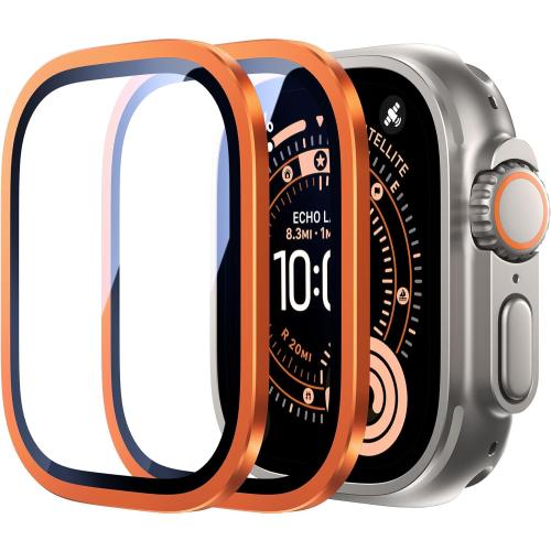 Uyiton for Apple Watch Ultra 3/2/1 Screen Protector - Titanium Alloy Frame & 9H Tempered Glass, Military Protection [Keep Original] Touch Sensitive iWatch Ultra Screen Protector 49mm, Orange, 2 Pack