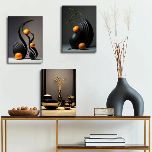 Framed Black Abstract Canvas Wall Art Three-Dimensional Sculpture Ceramic Wall Deco Pictures Modern Still Lifes orange Black Shape Posters Prints for Living Room Bedroom Bathroom Home Decoration