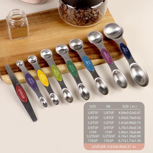 Pack of 8 Stainless Steel Magnetic Measuring Spoons Set, Dual Sided, Stackable, Adjustable Teaspoon and Tablespoon Measure Spoon with Leveler, Kitchen Gadgets