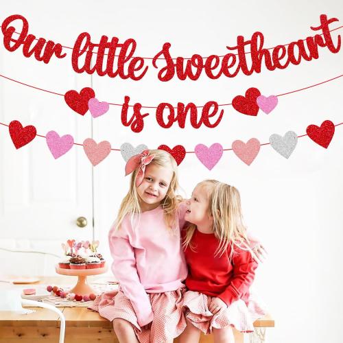 Our Little Sweetheart is One Banner Heart Garland for Kids Valentines Day 1st Birthday Party Decorations Romantic Red and Pink Glitter Party Supplies
