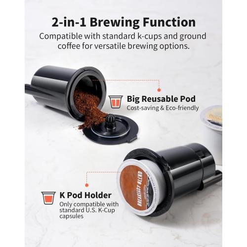 Hot & Iced Coffee Maker, K Cup Coffee Maker Compatible with Ground Coffee, Single-Serve Brewer with Bold Setting, Reusable Filter, Travel Mug Friendly, Compact & Quick Brew, Grey