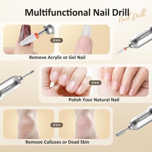 WHITE Electric Nail File, Cordless Nail Drill with 12pcs Bits, Professional 6 Speeds Manicure Kit for Women for Acrylic Gel Nails, Portable E-File with Rechargeable Base, Polishing Grinder for Salon Home