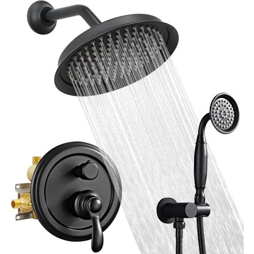 Matte-Black Vintage Shower-Faucet Sets, Antique Brass Shower System, Wall Mounted, 9 Rain Head and Handheld Spray, 2 Way Diverter Rough in Valve with Trim Kit