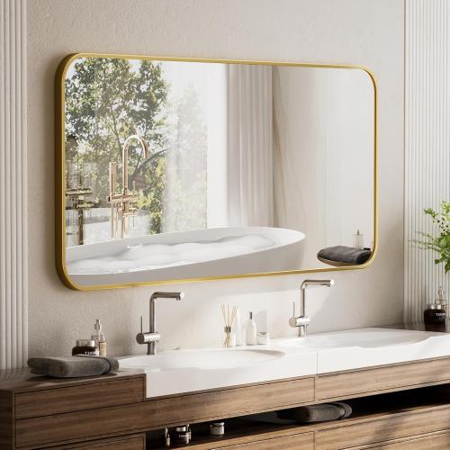 BEAUTYPEAK 26 x 38 Rectangular Aluminum Alloy Frame Wall Mounted Bathroom Mirror with Rounded Corners, Gold