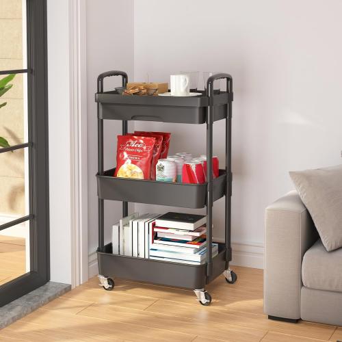 Black Calmootey 3-Tier Rolling Utility Cart with Drawer,Multifunctional Storage Organizer with Plastic Shelf & Metal Wheels,Storage Cart for Kitchen,Bathroom,Living Room,Office,Black