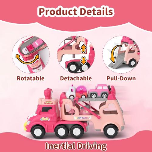 Toddler Girl Truck Toys for 2 3 Year Old Girl Birthday Gifts, 7-in-1 Pink Princess Car Transport Carrier Trucks for Toddlers 2-4, Friction Power Toy Cars with Lights & Music, My daughter First Gift