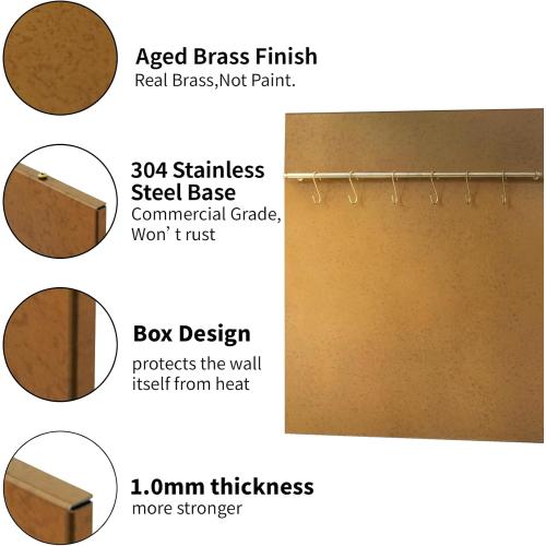 Fietrexa 29.5“x29.5” Aged Brass Finish 304 Stainless Steel Rang Hood Backsplash with Solid Brass Rail & S Hooks,Stove Backsplash,Vintage Style,Kitchen Wall Splash Guard.