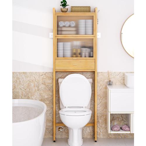 Over The Toilet Storage Cabinet with Drawer and Flip Door, Bamboo Bathroom Organizer Shelf with Anti-Tip Design and Waterproof Feet Pad,Freestanding Rack Above WC Space Saver (Natural)