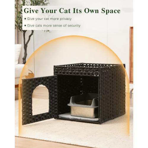 SETVSON Cat Litter Box Enclosure Furniture, Hidden PE Rattan, Black | PE Rattan Kitty House with Top Fence, Fits Standard Litter Box, Included Litter Mat, 2 S-Hooks, Sturdy Metal Frame