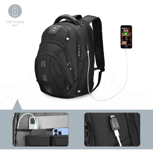 Swissdigital Design Tech Compact Slim Business Backpack for Men with Apple Find My, USB Charging Port, RFID Protection, TSA Friendly, Limited Fit for Thin 17 Inch Laptop, Black | SD1644FB-01
