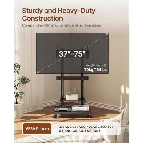Rolling TV Stand with Soundbar Mount for 37-75inch TVs up to 154lbs | Swivel&Tilt Mobile TV Stand with Large Storage,Height Adjustable,Steel Base,Max VESA 600x400mm,Sturdiness,Easy Assembly,Black